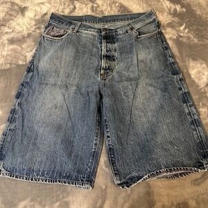 RMC Embroidered Denim Shorts Wide Leg Baggy Loose Fit Button Fly Mens Size 36